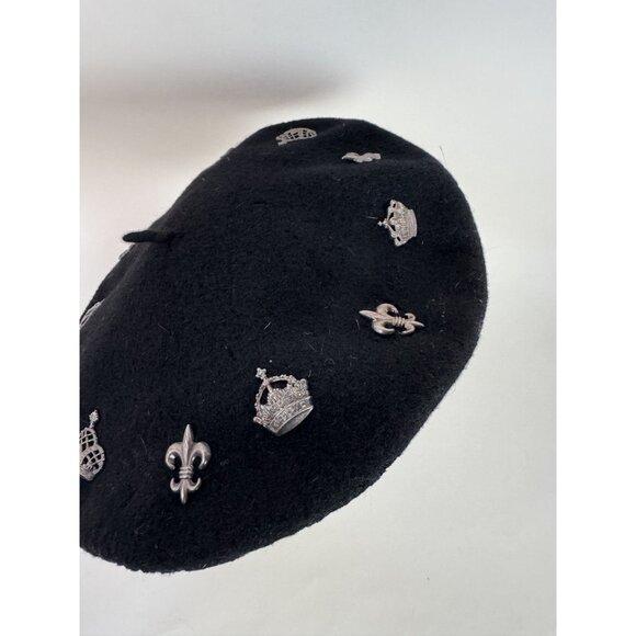 Neiman Marcus Black Wool Beret With Crown & Fleur-De-Lis Pins Made In UK main image 10